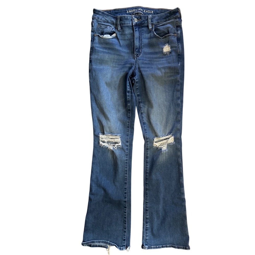 American Eagle Next Level Stretch Kick Flare Distressed Blue Jeans Womens 8 Reg